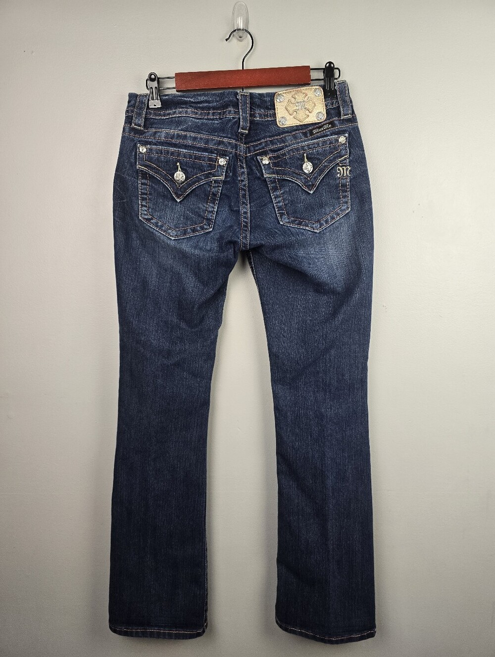 Miss Me Bootcut Y2K Jeans Rhinestone Pockets Dark Wash Low Rise Womens Size 28